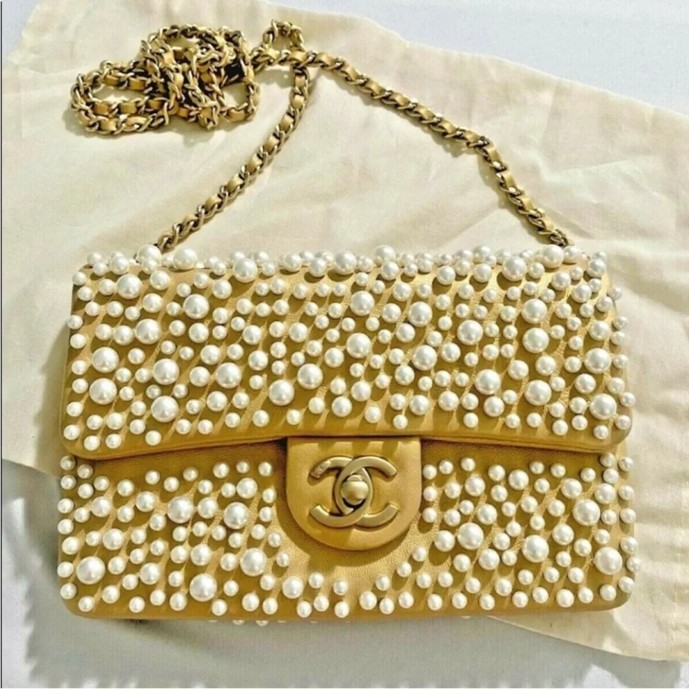 Authentic Rare Chanel Gold Pearl-Studded Flap Hand Bag